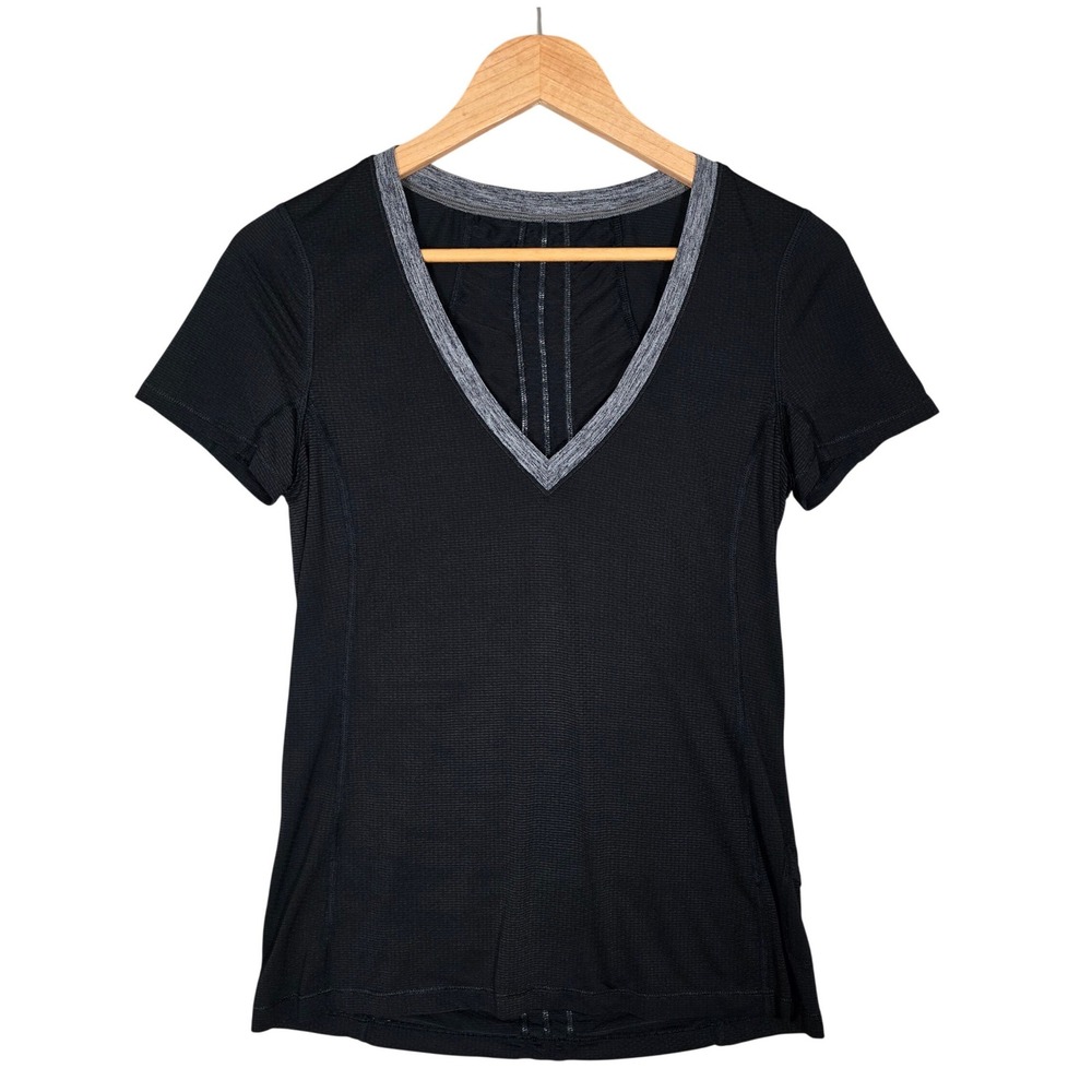 Lululemon Women's Black Heathered Grey Trim Ruched Mesh Training Tee 6